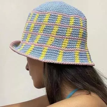 Ins Fashion Полосатая контрастная хлопковая шляпа-ведро для женщин, для путешествий на открытом воздухе, универсальная модная, ручная работа, связанная крючком, купольная гофрированная шапка-ведро 56-58cm фиолетовый