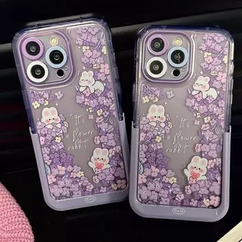 Ins фиолетовый цветок кролик милый кролик рельеф мультфильм задняя крышка для Iphone 13 11 Promax 12 14 Pro Max чехол-держатель для телефона For iphone 13