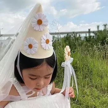 Ins First Kids Birthday Daisy Фетровая шляпа для девочки Цветочная праздничная шляпа Сетчатый головной убор