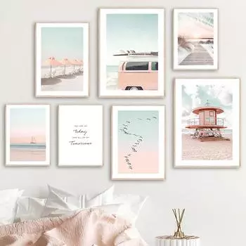 Ins Фламинго пляж парусник воздушный шар настенная живопись на холсте плакаты на скандинавскую тему и принты настенные панно Декор в гостиную 21cm30cm NoFrame