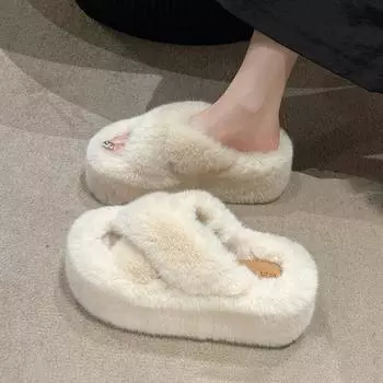 Ins fluffy slippers women wear Internet celebrity 2024 new autumn and winter thick bottom lazy rabbit plush cross cotton drag tide 35 розовый