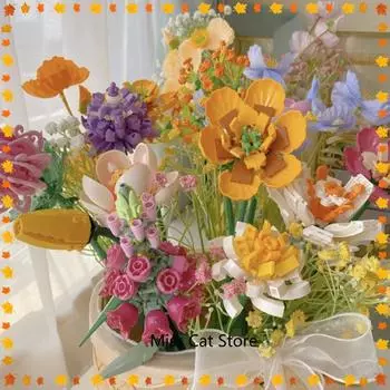 INS Fomantic Flower Bouquet Building Block Bricks Anime Figure Toys Kit Set Gift for Girl Friends Simulation Rose 8 Sticks