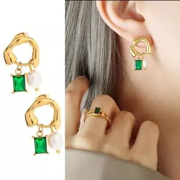 Ins French Style Personalized Green Zircon Earrings Exquisit Imitation Pearl Drop Earring For Women Pendant Jewelry Ear Buckle амазонка