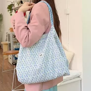 ins Gentle floral canvas bag Women s shoulder large capacity canvas bag Commuter hand bag