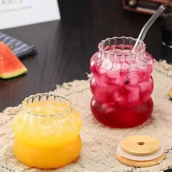 Ins Glass Cup Прозрачные стеклянные кофейные чашки с крышками и трубочкой Питьевая вода Чашка для чая Сок Молоко Кофе Кружка Домашняя полосатая кружка 101-200ml