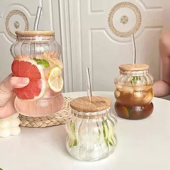 Ins Glass Cup Прозрачные стеклянные кофейные чашки с крышками и трубочкой Питьевая вода Чашка для чая Сок Молоко Кофе Кружка Домашняя полосатая кружка 101-200ml