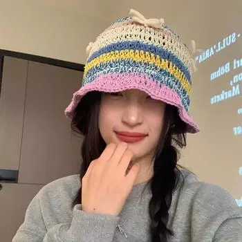 Ins Hand Hook Трехмерный бант Полосатые панамы женские весенние и летние ретро-дизайн Нишевые милые вязаные шапки 56-58cm розовый