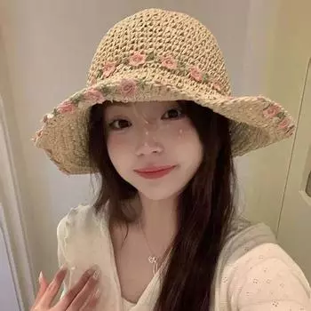 ins Hyunya wind flower складная соломенная шляпа женская летняя дорожная пляжная солнцезащитная козырек защита от солнца универсальная показ маленького лица M56-58cm