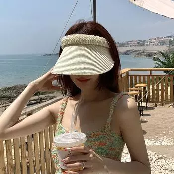 Ins Интернет знаменитость жемчуг пустой цилиндр дети лето солнцезащитный крем козырек соломенная шляпа повязка на голову пляж M56-58cm