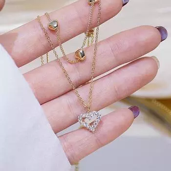 Ins Изысканное женское ожерелье с микрофианитами в форме сердца, покрытое 3 слоями настоящего золота 14 карат, двухслойное колье, ювелирное украшение, кулон золотой