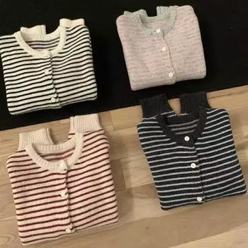 ins кардиган из чистой шерсти для женщин осень-зима 2024 новый полосатый утолщенный вязаный свитер из цельной шерсти для женщин One size бежевый