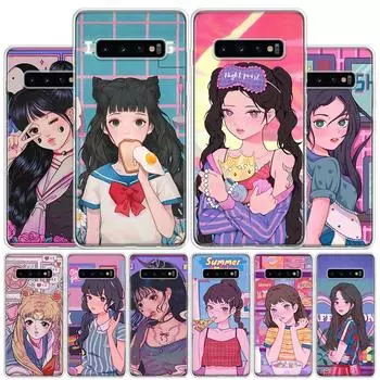 INS Kawaii Japanese Anime illustration Girl Cover Phone Case For Samsung Galaxy S10 Plus S20 FE S21 S22 Ultra S10E S9 S8 + S7 Samsung S10