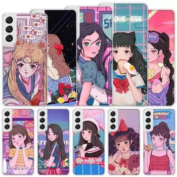 INS Kawaii Japanese Anime illustration Girl Soft Case For Samsung Galaxy S22 S21 Ultra S20 FE S10 Plus Phone Cover S9 S8 + S10E Samsung S21