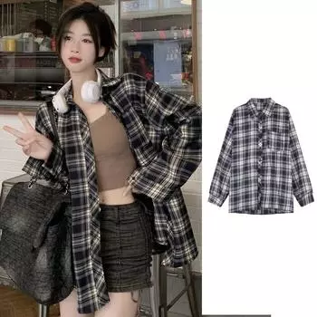 Ins Клетчатая блузка Женская полосатая рубашка большого размера Топ для отдыха Рубашки для отдыха Топы Уличная одежда L серый