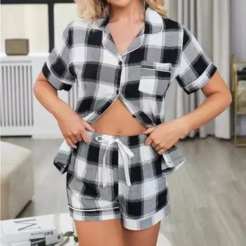 Ins клетчатый пижамный костюм женский летний отложной воротник на пуговицах с короткими рукавами и шортами винтажный классический базовый шикарный тренд домашней одежды S чёрный