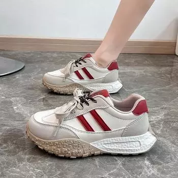 ins Korean version leather low-top dad shoes girl 2025 spring new breathable student sports heightened leisure WS905 35 бежевый