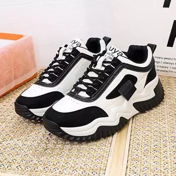 ins Korean version of dad shoes versatile 2024 new student sports shoes women s contrasting color lace-up casual platform running shoes 35 чёрный