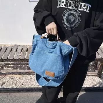 ins корейская холщовая сумка на весну и лето джинсовая сумка через плечо японская повседневная универсальная женская сумка из ткани темно-синий
