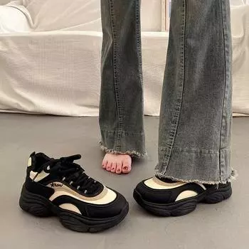 ins корейская версия новой высокой обуви для пап для женщин осень студентки бег спорт толстая подошва увеличение высоты досуг EP 35 чёрный