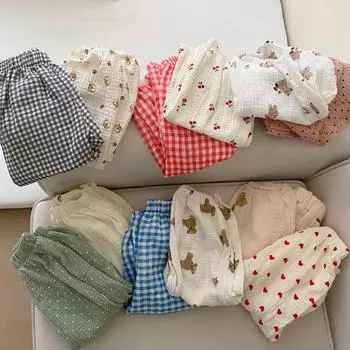 INS Корейские детские хлопковые антимоскитные штаны с рисунком медведя из мультфильма «Медведь» — летние двухслойные повседневные леггинсы из марли для мальчиков и девочек Red Cherry