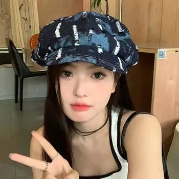 Ins корейские вымытые джинсовые восьмиугольные шляпы для женщин лето осень повседневные универсальные береты с маленькими отверстиями в стиле ретро 56-58cm