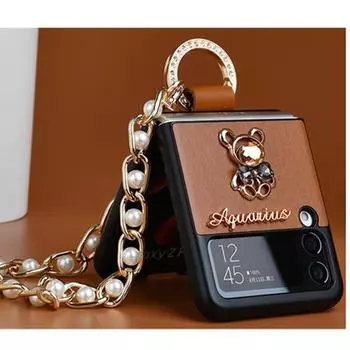 Ins корейский кожаный чехол с милым медведем и жемчугом для Samsung Galaxy Z Flip4, чехол 5 г для Galaxy Z Flip 3 4, чехол Z Flip3 Capa for Samsung Z Flip3