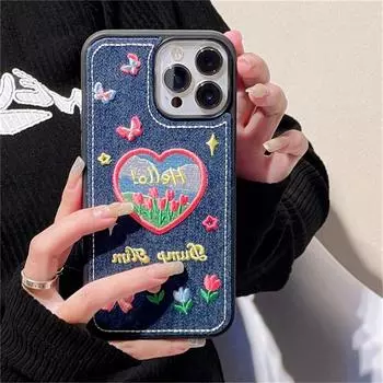 Ins корейский милый джинсовый чехол с цветочной вышивкой для Iphone 14 13 12 11 Pro Xs Max X Xr Love Heart Y2k противоударный мягкий чехол For iPhone XS Max