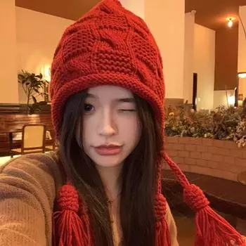 ins красная шерстяная шапка женская осенне-зимняя вязаная вручную шапка-пуловер с бахромой зимняя теплая шапка-ушанка One Size красный