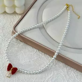 Ins Красное Флокированное Ожерелье С Бантом Изысканное Ожерелье С Кулоном В Виде Банта Модное Ожерелье С Жемчужиной В Виде Банта Вечеринка red bow