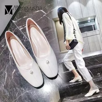 Ins Ladies pearl mary janes shoes solid casual flats pu leather grandma shoes woman thick heels square toe slip on loafers 34-40 4.5 абрикосовый