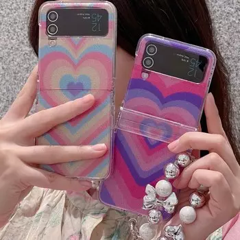 Ins Laser Shiny Blingbling 3 в 1 Защитный чехол-браслет для Samsung Galaxy Z Flip 3 4 5g Чехол для телефона с мультяшным сердечком и сердечком For Samsung Z Flip 4