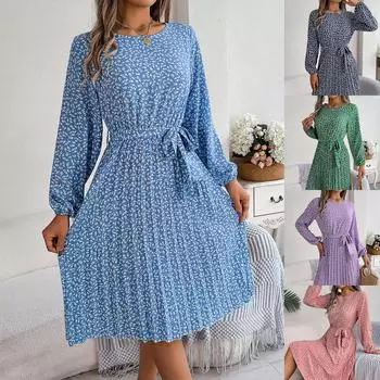 Ins Leisure Плиссированная юбка с длинными рукавами и цветочным принтом Платья больших размеров для женщин Красные платья для женщин Элегантные S зелёный