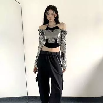 Ins Long Sleeve T Shirt Glossy Neck Halter Top Sweet Fake Two-pieces Shirts Streetwear S серебряный