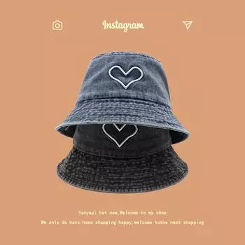 ins love вышивка ретро джинсовая шляпа рыбака детская весенне-летняя модная универсальная закрывающая лицо солнцезащитная шляпа для бассейна M56-58cm чёрный