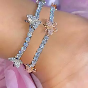 Ins Милая бабочка Стразы Теннисная цепочка Браслет на щиколотку Браслет для женщин Хип-хоп Ювелирные изделия Босоножки Сандалии Цепочка на щиколотку Пляж 21cm