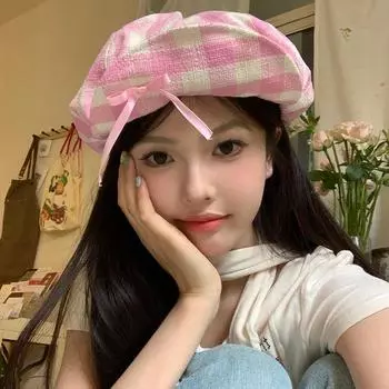 Ins Милые Клетчатые Кепки-береты с бантом для женщин Весна и лето Тонкие Дышащие Универсальные Солнцезащитные Нишевые Ретро Восьмиугольные Шляпы 56-58cm синий