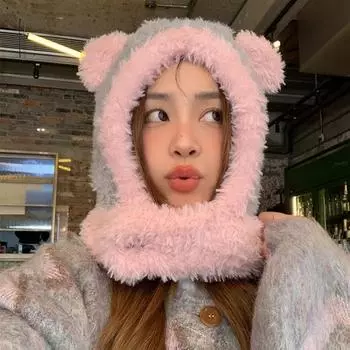 Ins милые медвежьи ушки контрастного цвета балаклавы шапки для женщин зимние флисовые защита ушей теплый плюшевый пуловер бомбер шапки 56-58cm