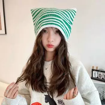 Ins Милые полосатые вязаные шапки-бини с маленьким дьяволом для женщин, осенне-зимняя корейская контрастная расцветка, милые кошачьи ушки, мужская шапка 56-58cm
