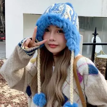 Ins Милые ретро кроличьи вязанные женские шапки осенне-зимние утолщенные бархатные термосвитера милые шапки-бомберы на ремне 56-58cm тёмно-синий