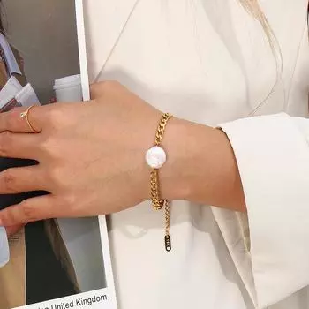 ins мода легкий роскошный темпераментный браслет титановая сталь покрытая 18-каратным золотом пресноводный жемчуг сращивание браслет-цепочка Фигаро