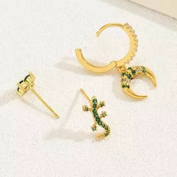 инс мода персонализированный набор серег циркон полумесяц геккон нишевый дизайн серьги-гвоздики универсальный клип для козелка уха интернет-знаменитость 14k