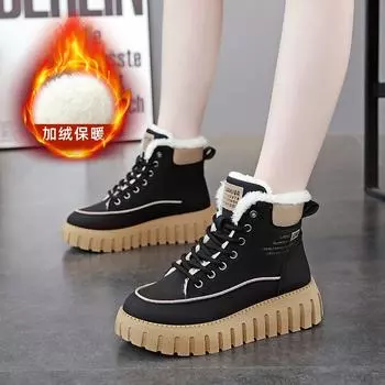 ins модные бархатные ботинки Martin для женщин зимой новые повседневные студенческие туфли на платформе теплые высокие хлопковые туфли для женщин 35 чёрный