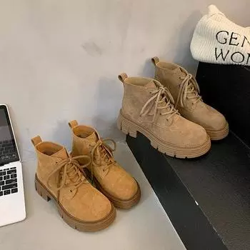 ins модные ботинки Martin на толстой подошве со шнуровкой женские ботинки 2024 осень-зима британский стиль увеличенные ретро рыцарские сапоги 35 жёлтый