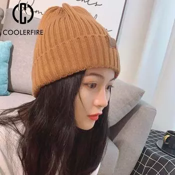 Ins модные женские шапки зимние шерстяные теплые кожаные шапки с этикетками для леди уличный пуловер вязаные повседневные женские шапки AC2122 One Size чёрный