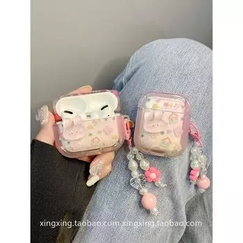 INS Молодежный Взрослый Сердце Розовый Кролик для AirPods Pro Защитный Чехол Apple 2 Поколение Airpods3 Чехол для Беспроводных Наушников airpods pro Square stereo Pink Rabbit + chain