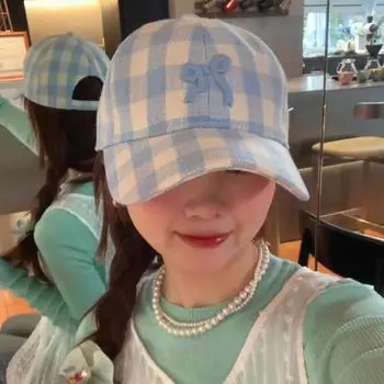 Клетчатая бейсболка Ins Mori 2024 года, весна-лето, новая модная женская шляпа с вышитым милым бантом и изогнутыми полями, защита от солнца 56-58cm розовый