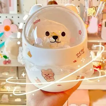 Ins Настольный органайзер для мусорного бака с крышкой Kawaii Cute Bear Корзина для мусора Коробка для хранения Девушка Держатель ручки Ведро для хранения с откидной крышкой White