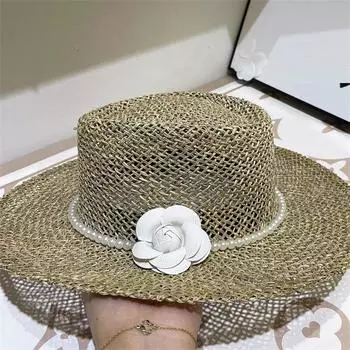 Ins Натуральная соленая трава с жемчужной цепочкой и камелией, женская кепка для отдыха, панамская джазовая шляпа head size 57cm