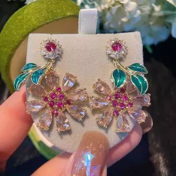 Ins Net красные серьги женские солнечные цветы блестящие серьги цвет кубического циркония темперамент висячие серьги для женщин фиолетовый