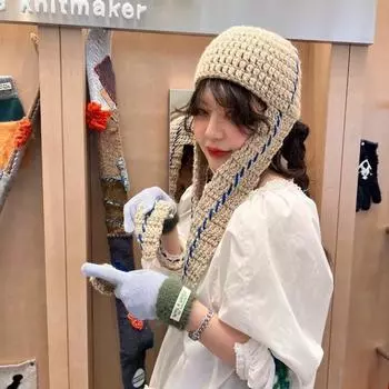 Ins Niche ретро вязаные шапки ручной работы для женщин осень зима повседневная теплая индивидуальная длинная лента защита ушей шапка-бомбер 56-58cm кофейный